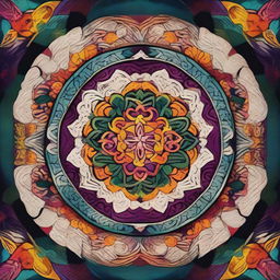 A vibrant and intricate mandala design with a mix of geometric and organic patterns