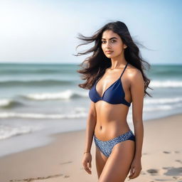 A beautiful Indian woman with a slim figure posing by the sea