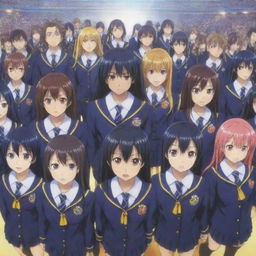 Anime-style image of characters from Medaka Box, all gathered around, wearing their school uniform, with a sparkling colorful high school backdrop.