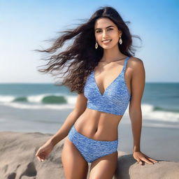 An elegant Indian supermodel with a slim and attractive figure posing by the sea