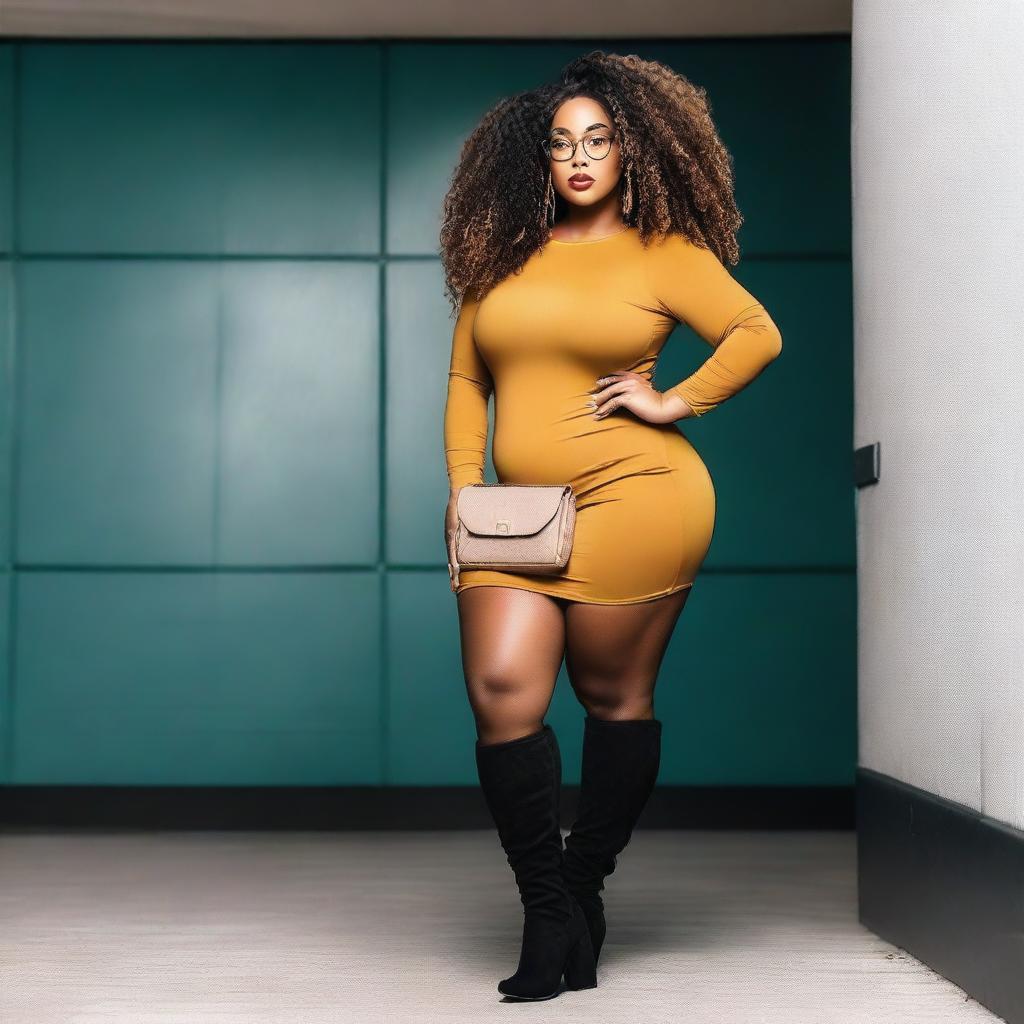 A sensual black woman with a curvy body, curly hair, and glasses, wearing a tight and short dress, black long boots, holding a handbag, standing in a gymnasium