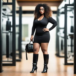 A sensual black woman with a curvy body, curly hair, and glasses, wearing a tight and short dress, black long boots, holding a handbag, standing in a gymnasium