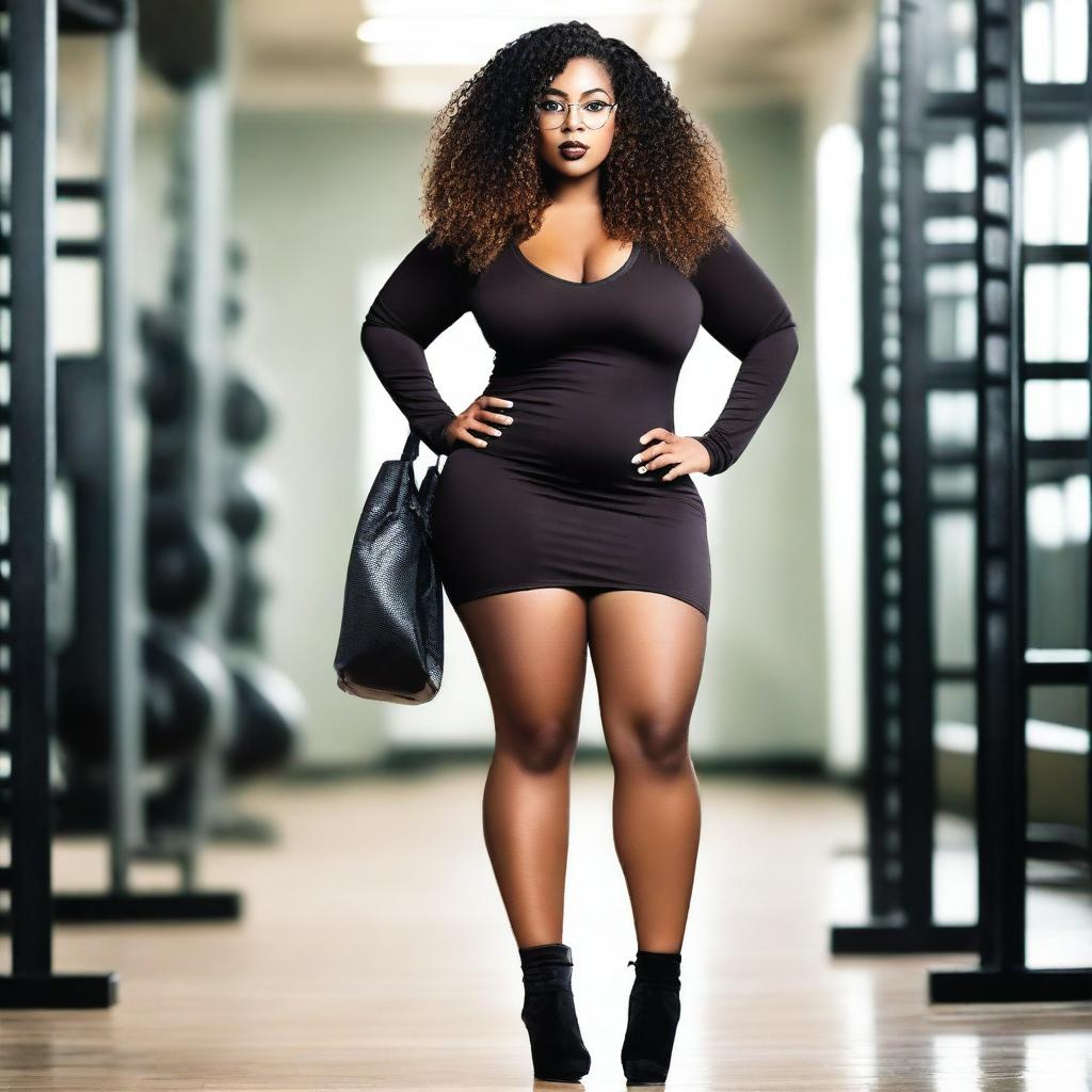 A sensual black woman with a curvy body, curly hair, and glasses, wearing a tight and short dress, black long boots, holding a handbag, standing in a gymnasium