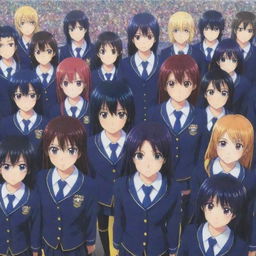 Anime-style image of characters from Medaka Box, all gathered around, wearing their school uniform, with a sparkling colorful high school backdrop.