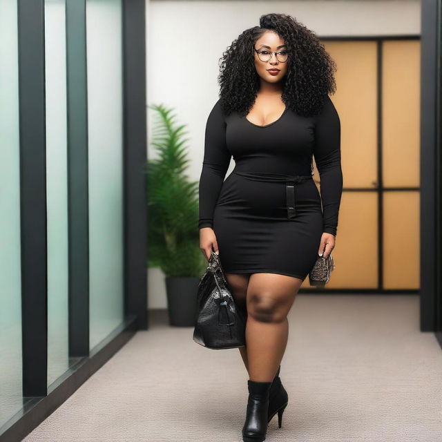 A sensual black woman with a curvy body, curly hair, and glasses, wearing a tight and short black dress with a logo that says 'DCS', black long boots, holding a handbag, standing in an office