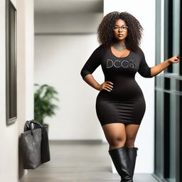 A sensual black woman with a curvy body, curly hair, and glasses, wearing a tight and short black dress with a logo that says 'DCS', black long boots, holding a handbag, standing in an office