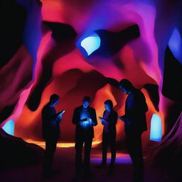 A modern reinterpretation of Plato's myth of the cavern, featuring individuals in a dark cave illuminated by the glow of various technological devices like smartphones, tablets, and holograms