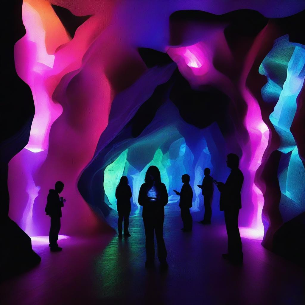 A modern interpretation of Plato's myth of the cavern, showcasing individuals in a dark cave illuminated by the glow of smartphones, tablets, and computer screens