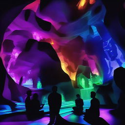 A modern interpretation of Plato's myth of the cavern, showcasing individuals in a dark cave illuminated by the glow of smartphones, tablets, and computer screens