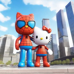 A 3D rendering of Hello Kitty standing next to Spider-Man