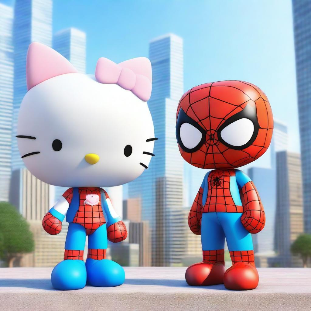 A 3D rendering of Hello Kitty standing next to Spider-Man