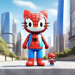 A 3D rendering of Hello Kitty standing next to Spider-Man