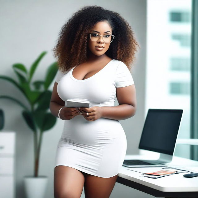 A sensual black woman with a curvy body, curly hair, and glasses, wearing a tight and short white dress, high heels, holding a notepad, standing in front of an office desk