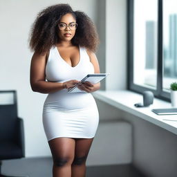 A sensual black woman with a curvy body, curly hair, and glasses, wearing a tight and short white dress, high heels, holding a notepad, standing in front of an office desk