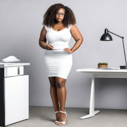 A sensual black woman with a curvy body, curly hair, and glasses, wearing a tight and short white dress, high heels, holding a notepad, standing in front of an office desk