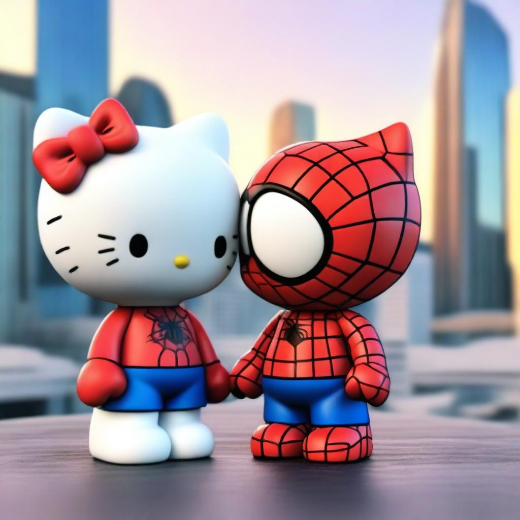 A 3D rendering of Hello Kitty and Spider-Man in love