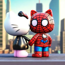 A 3D rendering of Hello Kitty and Spider-Man in love