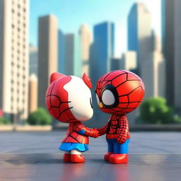 A 3D rendering of Hello Kitty and Spider-Man in love