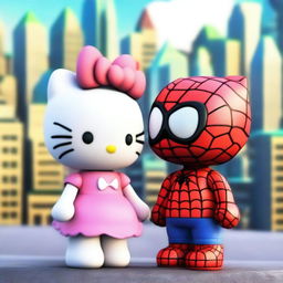 A 3D rendering of Hello Kitty and Spider-Man in love