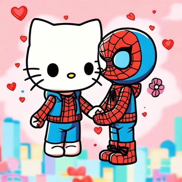 Hello Kitty and Spider-Man in love, depicted in a cute and romantic scene