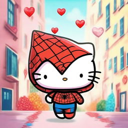 Hello Kitty and Spider-Man in love, depicted in a cute and romantic scene