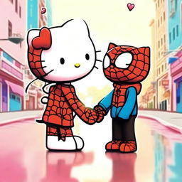 Hello Kitty and Spider-Man in love, depicted in a cute and romantic scene