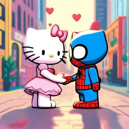 Hello Kitty and Spider-Man in love, depicted in a cute and romantic scene