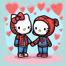 A chibi-style illustration of Hello Kitty and Spider-Man in love