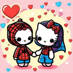 A chibi-style illustration of Hello Kitty and Spider-Man in love