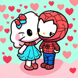 A chibi-style illustration of Hello Kitty and Spider-Man in love