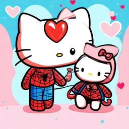 A chibi-style illustration of Hello Kitty and Spider-Man in love