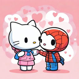 A chibi-style illustration of Hello Kitty and Spider-Man in love