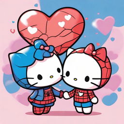 A chibi-style illustration of Hello Kitty and Spider-Man in love