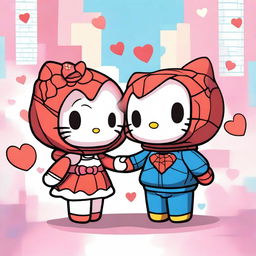 A chibi-style illustration of Hello Kitty and Spider-Man in love