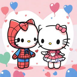 A chibi-style illustration of Hello Kitty and Spider-Man in love