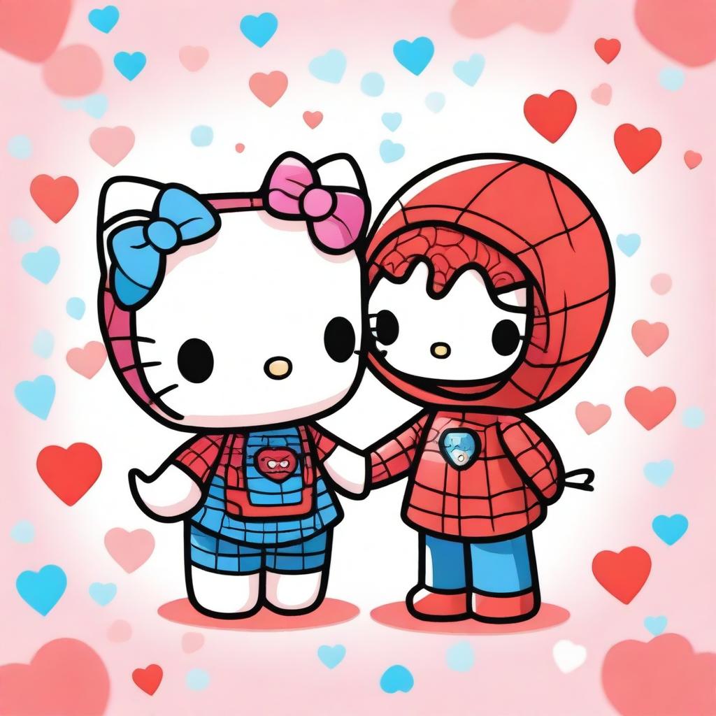 A chibi-style illustration of Hello Kitty and Spider-Man in love