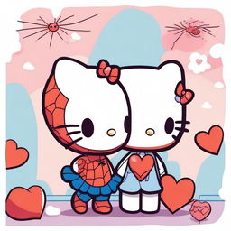 A chibi-style illustration of Hello Kitty and Spider-Man in love