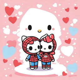 A chibi-style illustration of Hello Kitty and Spider-Man in love