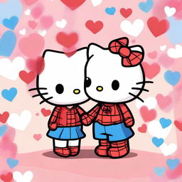 A chibi-style illustration of Hello Kitty and Spider-Man in love