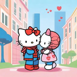 A cute and romantic illustration of Hello Kitty and Spider-Man sharing a kiss