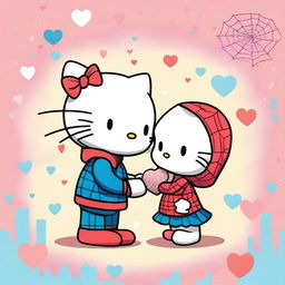 A cute and romantic illustration of Hello Kitty and Spider-Man sharing a kiss