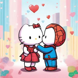 A cute and romantic illustration of Hello Kitty and Spider-Man sharing a kiss