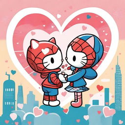 A cute and romantic illustration of Hello Kitty and Spider-Man sharing a kiss