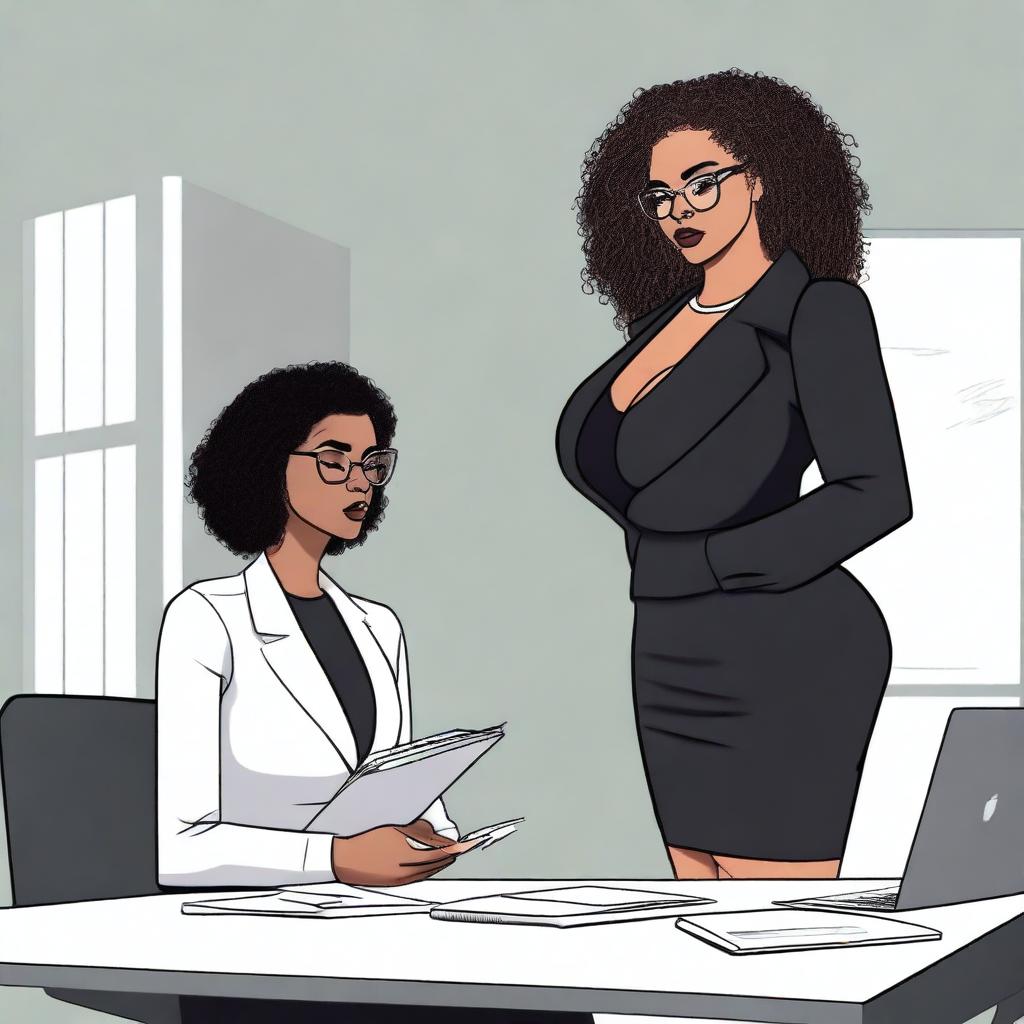 A sensual black woman with a curvy body, curly hair, and glasses, wearing a very short and tight black dress, a formal black coat, high heels, holding a notepad, standing in front of an office desk, about to receive instructions from a boss