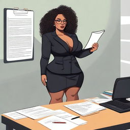 A sensual black woman with a curvy body, curly hair, and glasses, wearing a very short and tight black dress, a formal black coat, high heels, holding a notepad, standing in front of an office desk, about to receive instructions from a boss