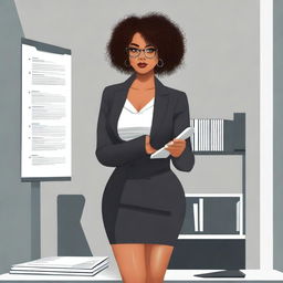 A sensual black woman with a curvy body, curly hair, and glasses, wearing a very short and tight black dress, a formal black coat, high heels, holding a notepad, standing in front of an office desk, about to receive instructions from a boss