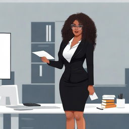 A sensual black woman with a curvy body, curly hair, and glasses, wearing a very short and tight black dress, a formal black coat, high heels, holding a notepad, standing in front of an office desk, about to receive instructions from a boss