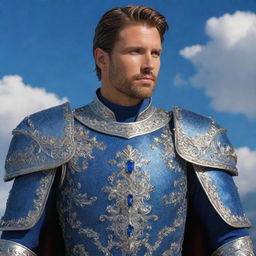 A handsome knight character adorned with a regal coat showcasing intricate details, armor glistening under sapphire skies.