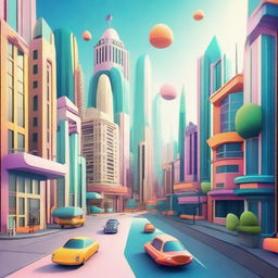 A stylized cityscape with a mix of futuristic and classic architecture