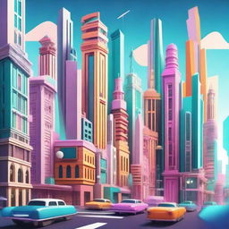 A stylized cityscape with a mix of futuristic and classic architecture